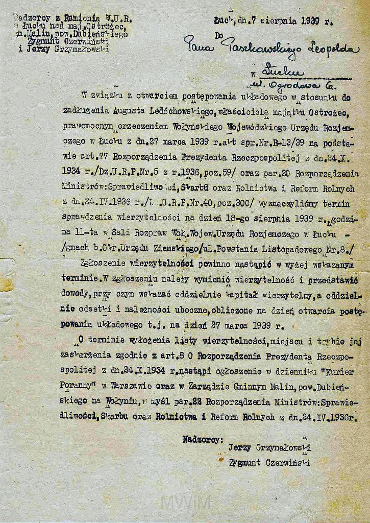 KKE 5953-19.jpg - Dok. Teczka Wierzytelności (spraw spornych) pomiędzy Leopoldem Kleofasem Paszkowskim a hrabią Augustem Ledóchowskim z Ostrożca, Równe, 26 XI 1935/29 VIII 1939 r.